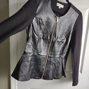 Nanette Lepore - faux leather peplum stretch knit jacket - WHBM jacket style - S
